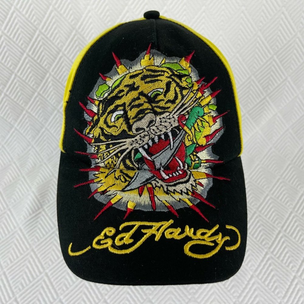 Ed Hardy Kids Baseball Cap Black Yellow Embroidered Roaring Tiger Strap-back Hat